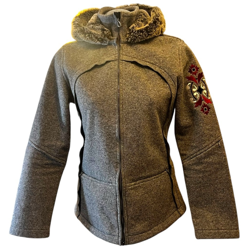 Athleta Brown Hooded Ski Jacket with Embroidered Sleeve